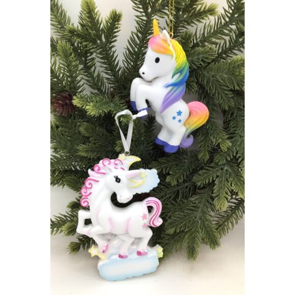 2 Unicorn Christmas Tree Ornaments- Rainbow Colors Gifts NEW - Picture 1 of 2